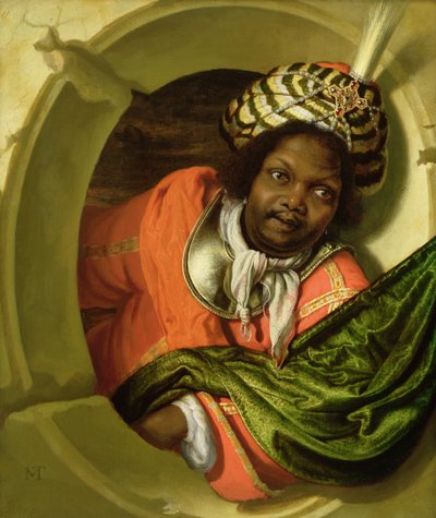 Portret van een Moor die een vlag vasthoudt bij een raam door Bartholomaus Maton